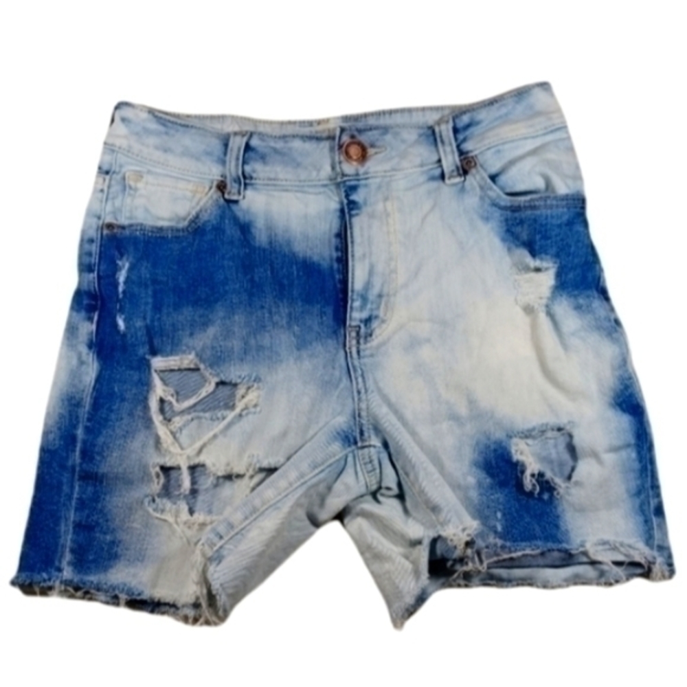 Maurices womens acid wash distressed high rise stretch raw jean shorts 4 EUC